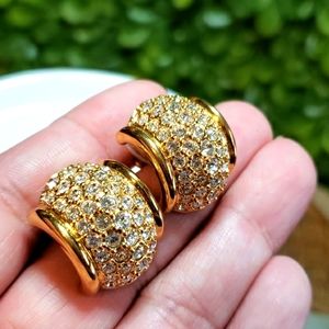 Vtg 90s Authentic Swarovski Swan Signed Dazzling Pave Crystal Gold Dome Earrings